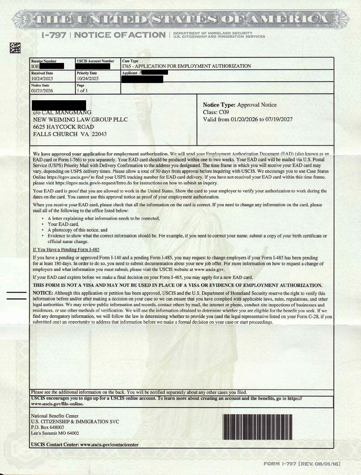I 765 EAD Approval Notice Redacted 2